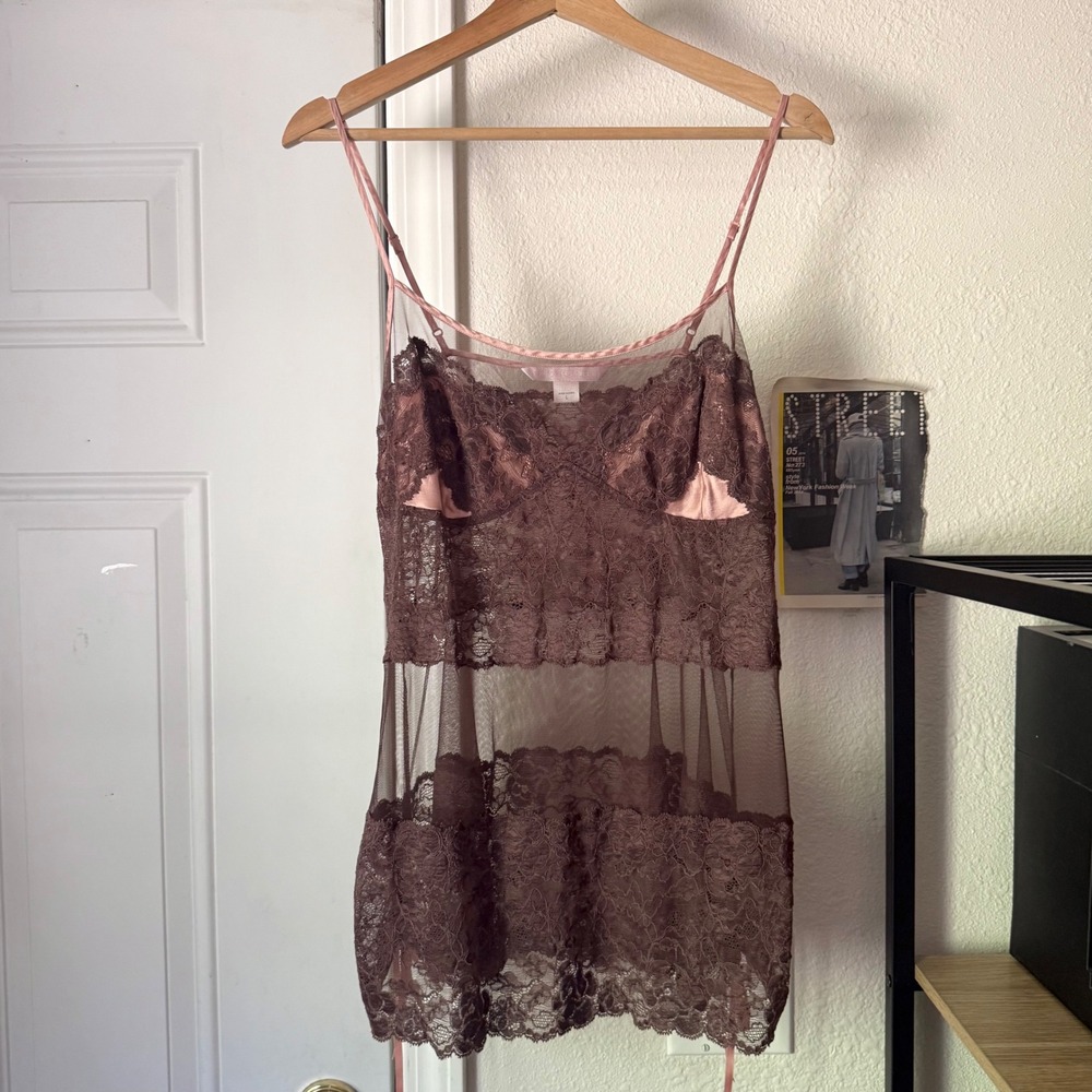 VICTORIA'S SECRET y2k brown pink lace mesh satin sheer cami slip tank top